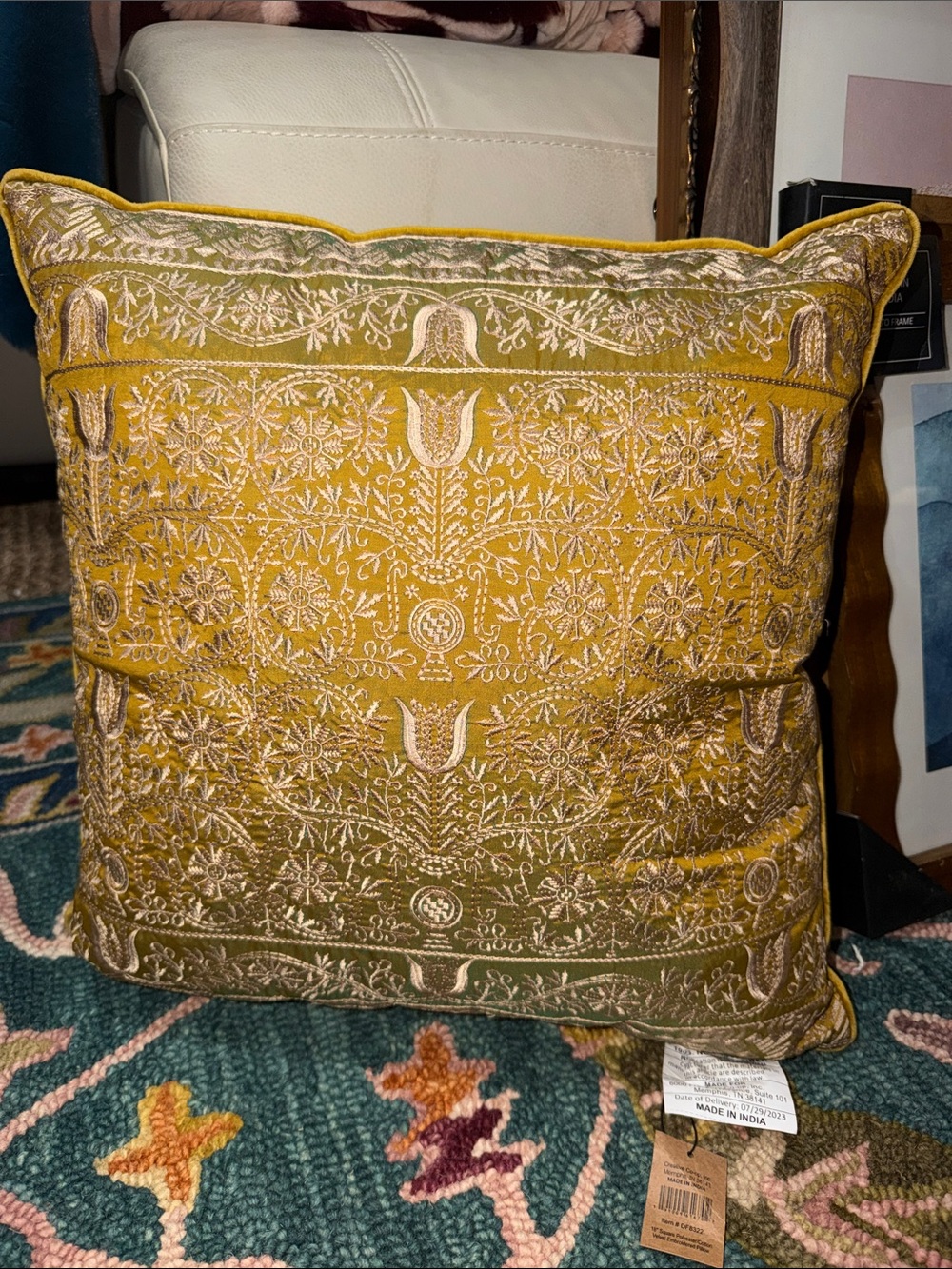 Hand-Embroidered Mustard color changing Decorative Throw Pillow -